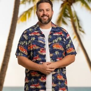 Vintage Big Dog Hawaiian Shirt Men’s Woody Wagon VW Bus Palm Tree Navy